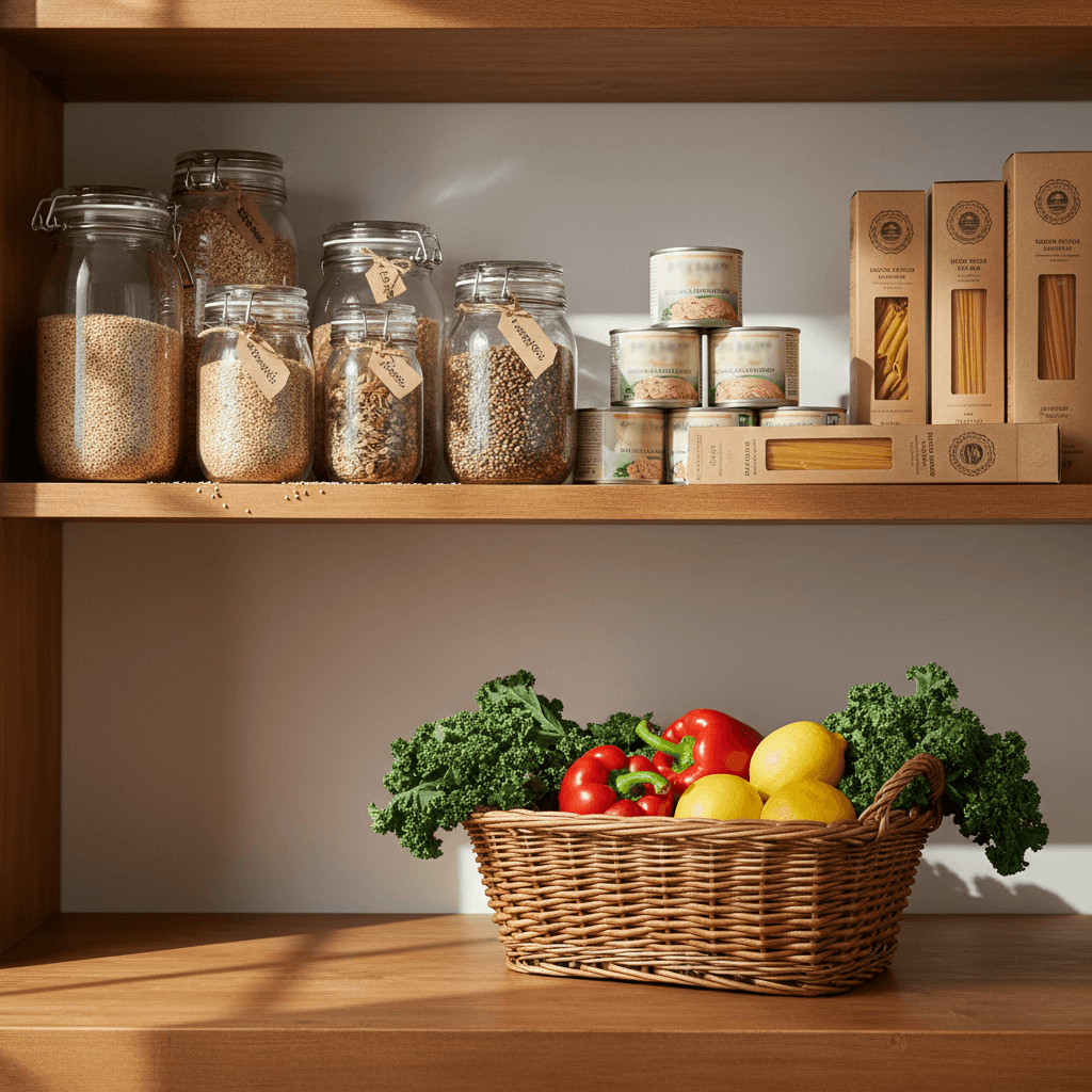 Pantry organized with bulk staples and fresh vegetables