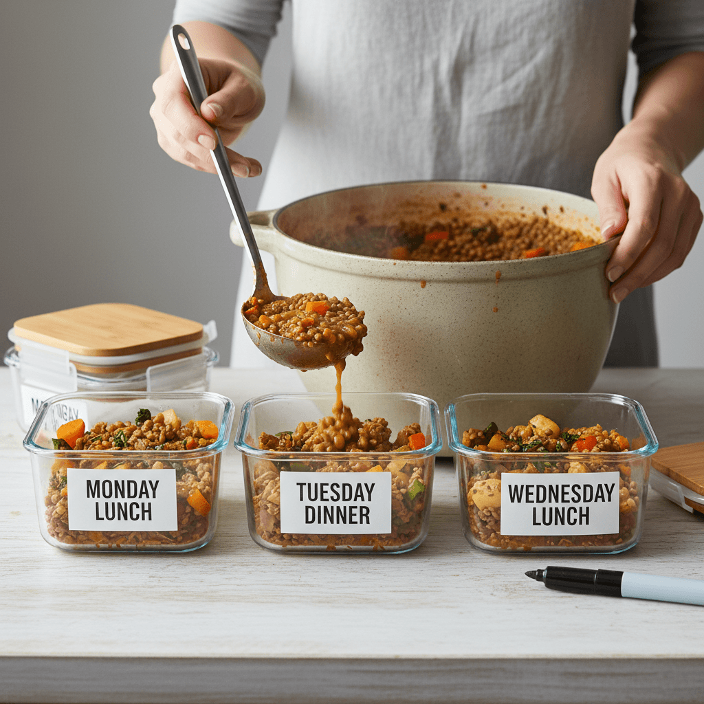 Hands portioning cooked food into labeled freezer containers