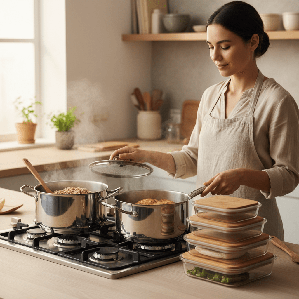 Woman batch cooking protein and grains on stovetop simultaneously