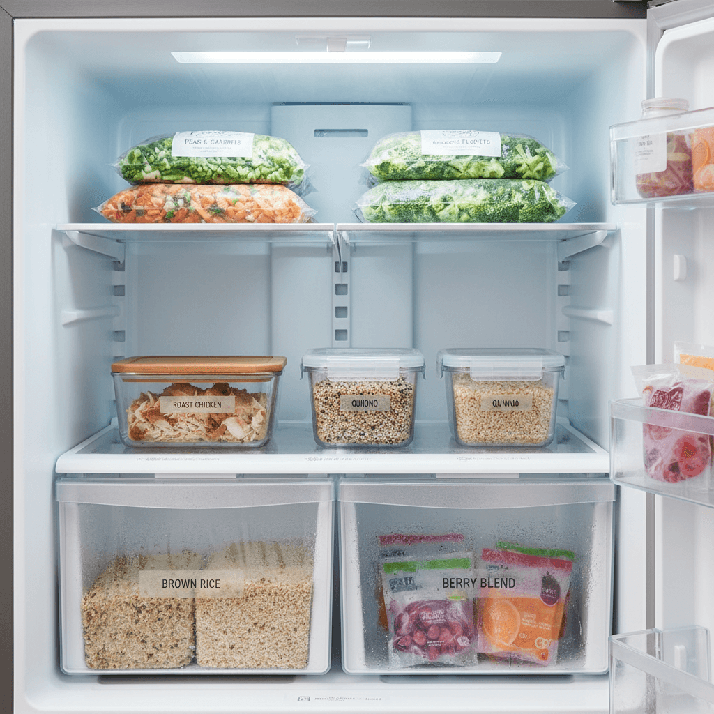 Freezer organized with frozen vegetables, protein, and grains