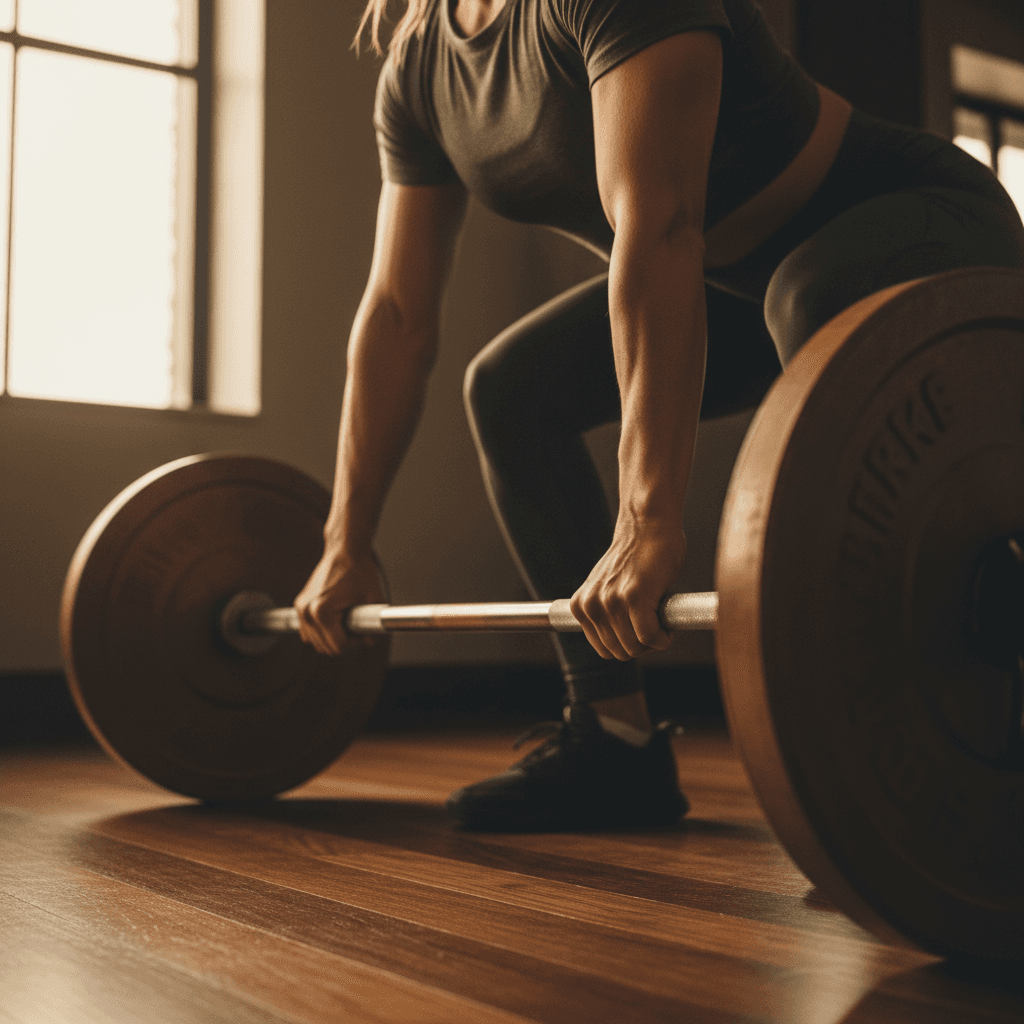 Woman performing barbell deadlift with focused determination