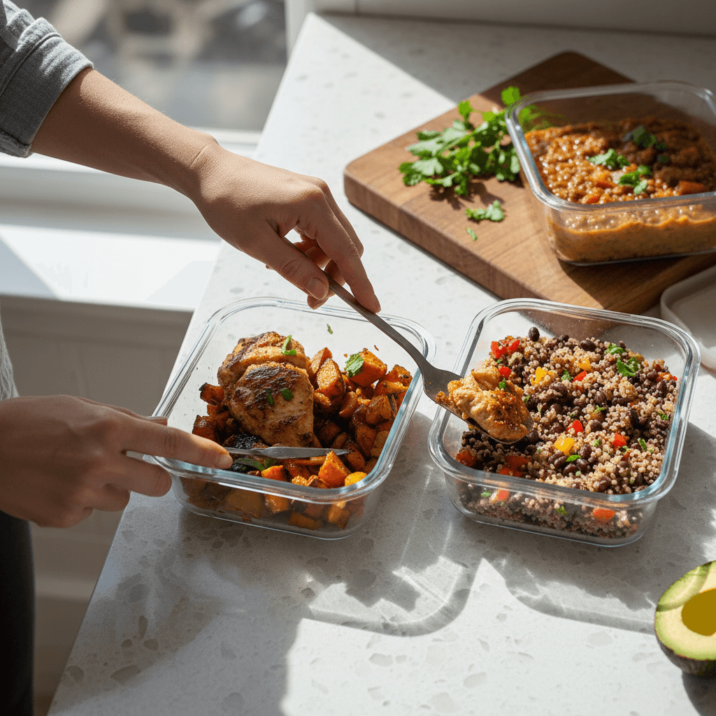 Woman portioning cooked meal into storage containers