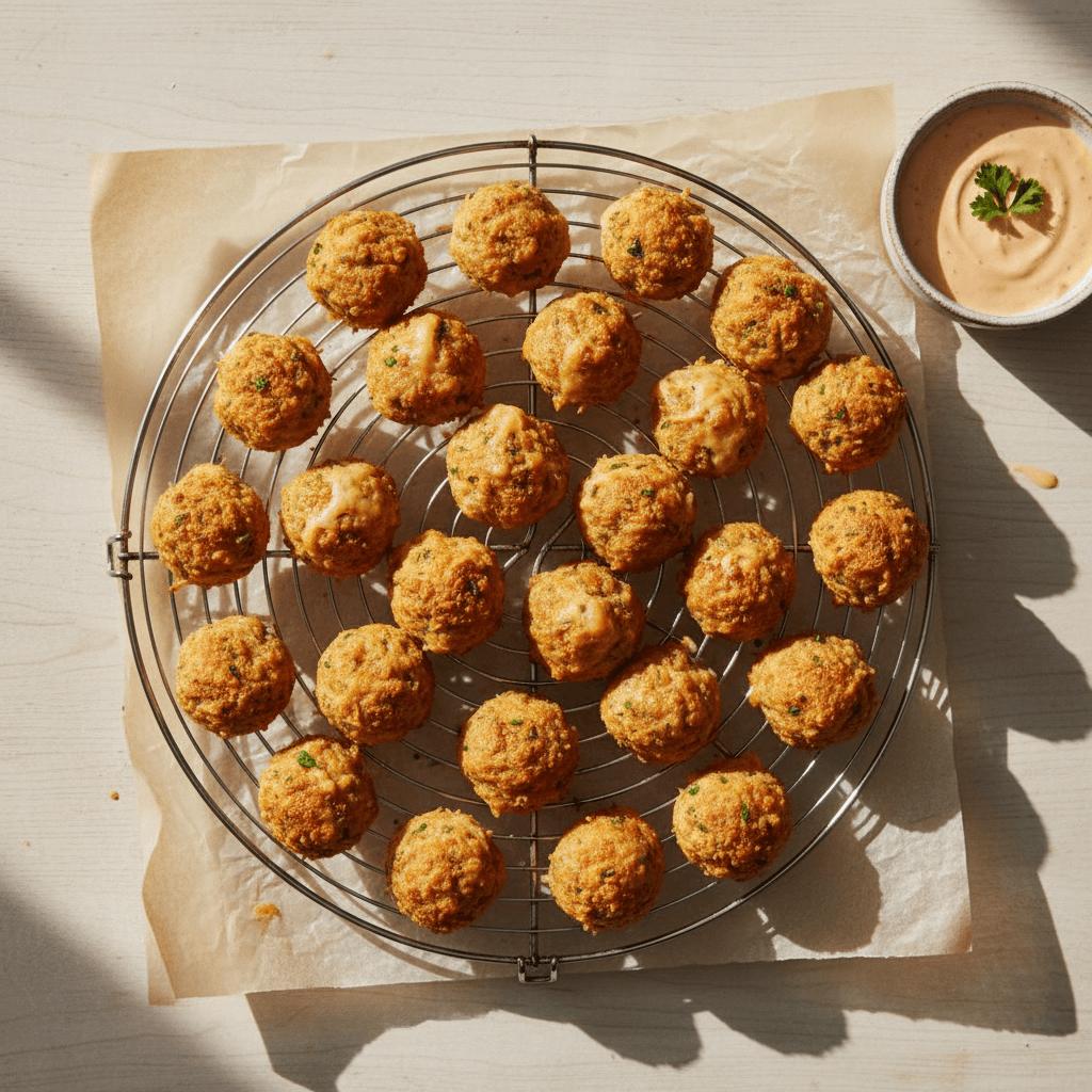 Fresh turkey poppers cooling on a rack