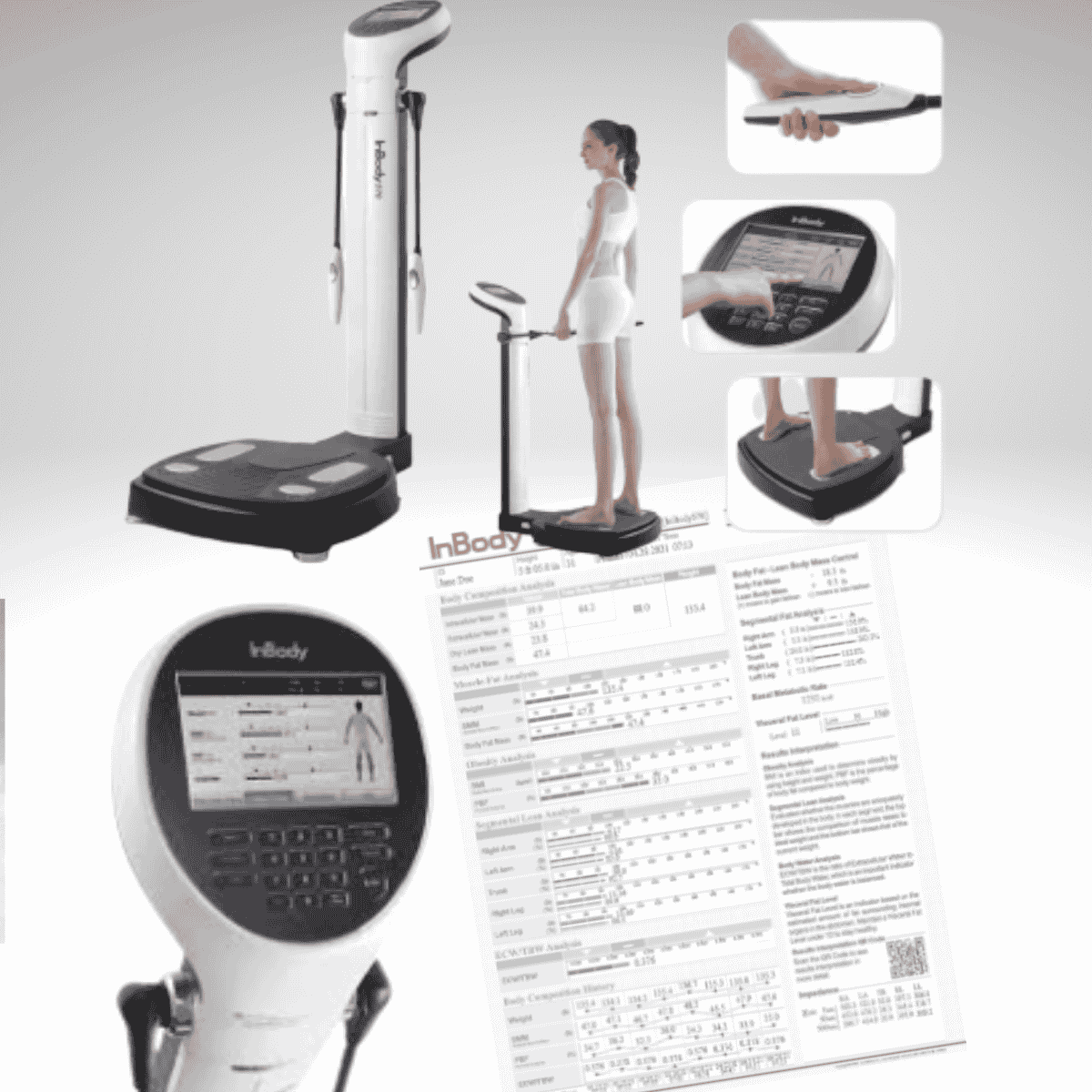 InBody body composition analyzer, user, and detailed printout of body analysis results.
