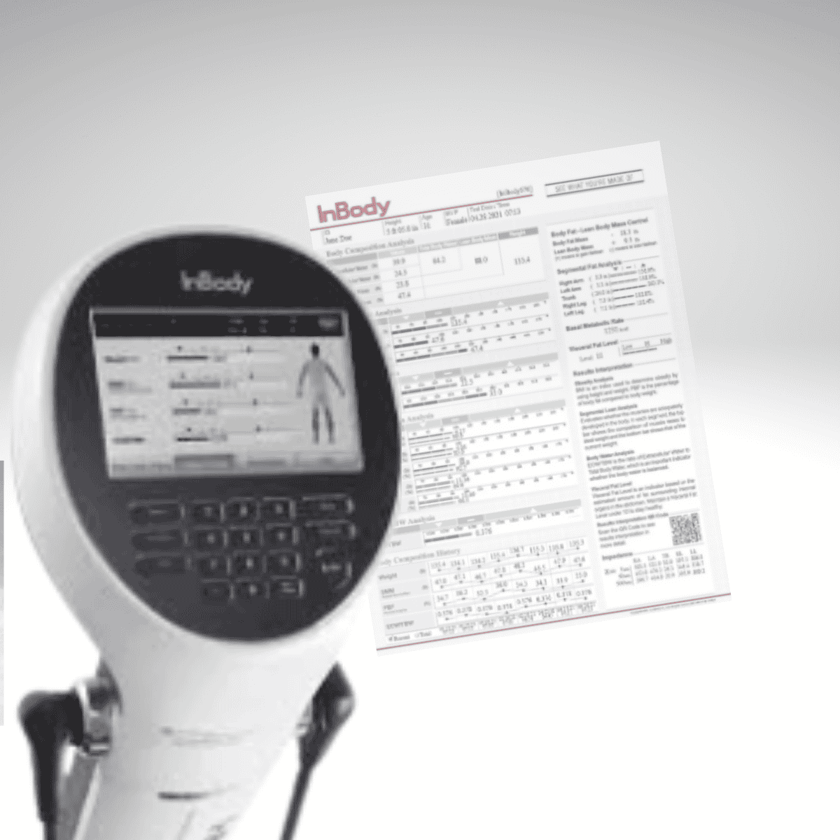 Grayscale InBody body composition analyzer with screen and comprehensive analysis report.