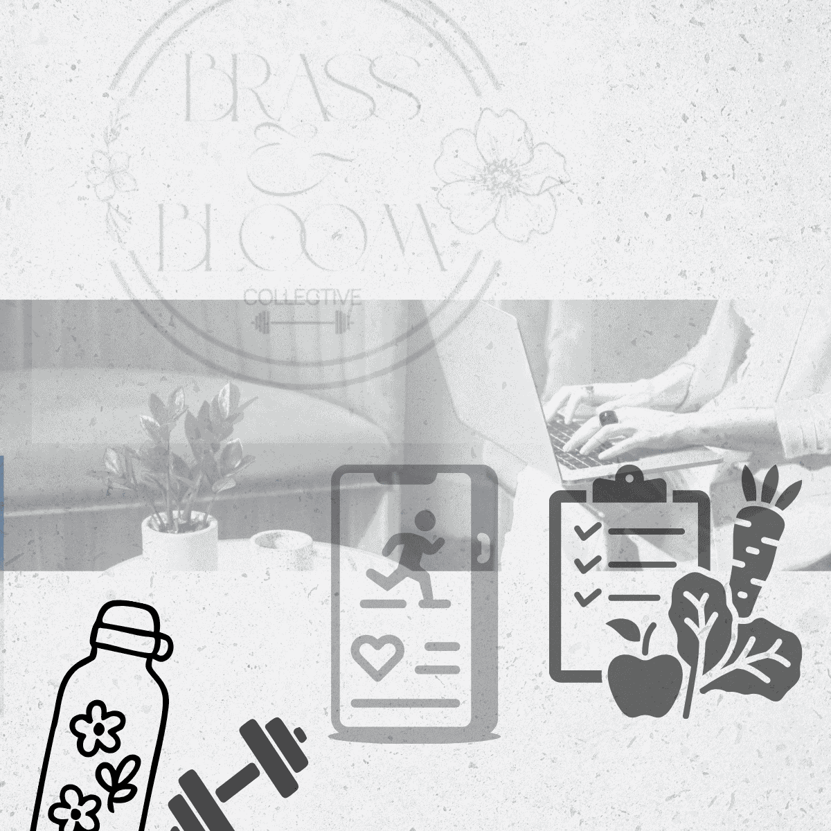 Icons for fitness, nutrition, and health tracking, with a person using a laptop.