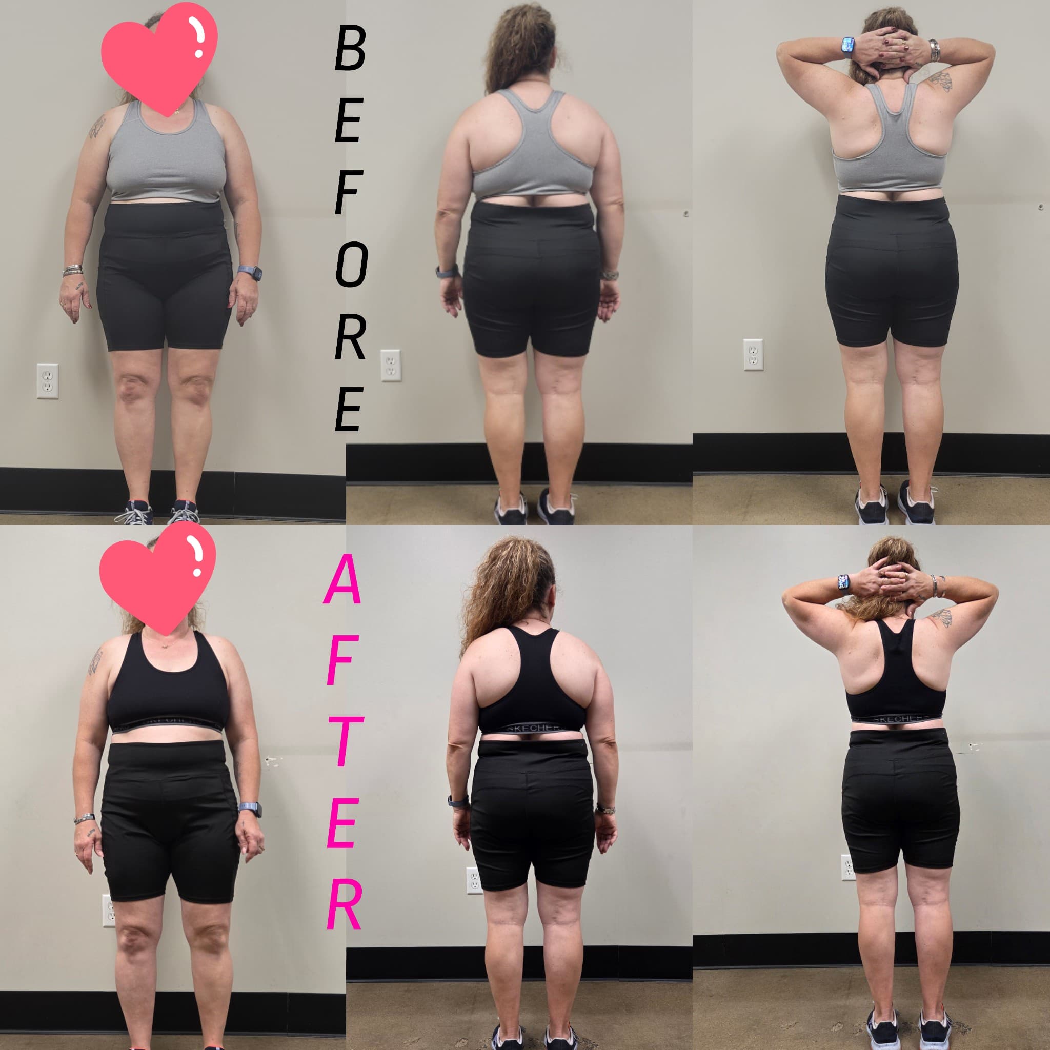 Before and after comparison of a woman's body, demonstrating significant weight loss and toning.